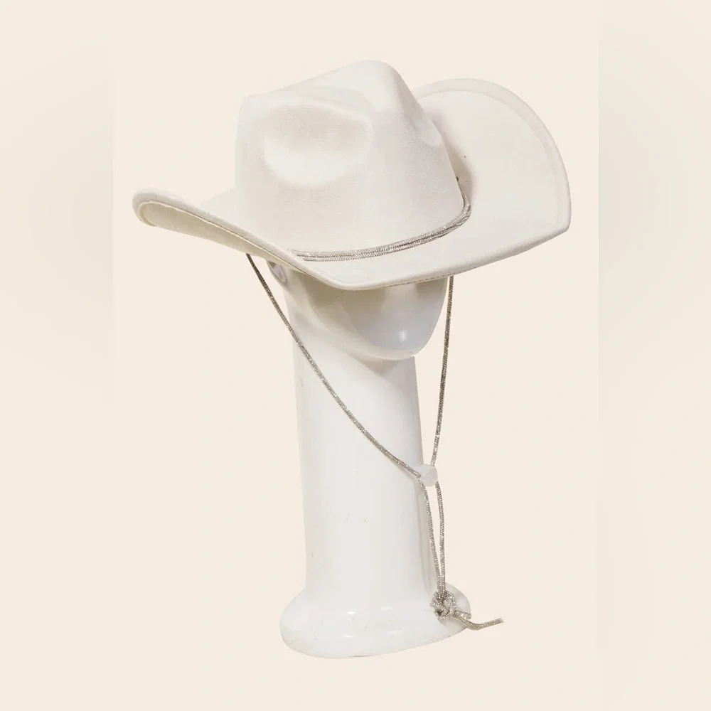 NWT White Rhinestone Strap Womens 7 Cowboy Hat Flat Brim Polyester Felt